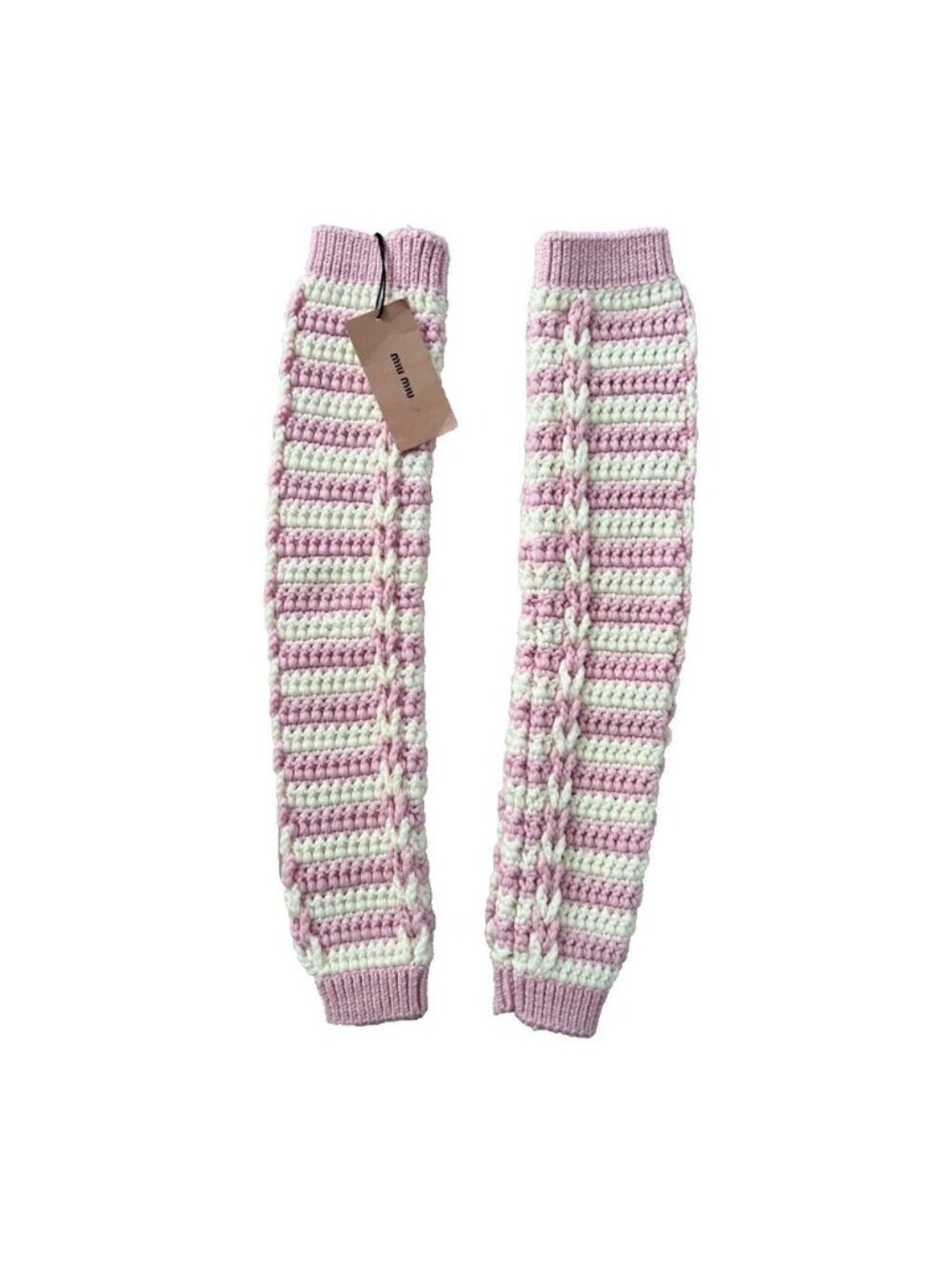 Miu Miu Handmade Knit Virgin Crochet Wool Leg Warmers Striped Pink White